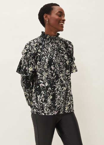 Phase Eight Daphne Floral Frill Shirts Black Canada | UZJRQT-497